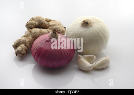 Garlic ,Ginger, White onion, and Red onion Stock Photo