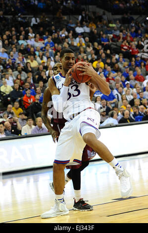 March 20, 2015: Kansas Jayhawks forward Landen Lucas (33) grabs a second half rebound during the NCAA Men's Basketball Tournament Midwest Regional game between the New Mexico State Aggies and the Kansas Jayhawks at the Centurylink Center in Omaha, Nebraska.Kansas won the ball game 75-56. Kendall Shaw/CSM Stock Photo