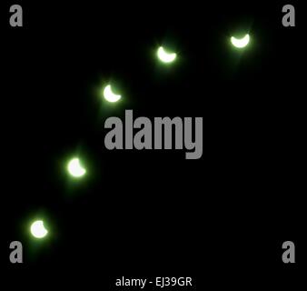 Partial eclipse of the sun in the middle Europe, Czech Republic, all sun eclipse phases stacked on one photo Stock Photo