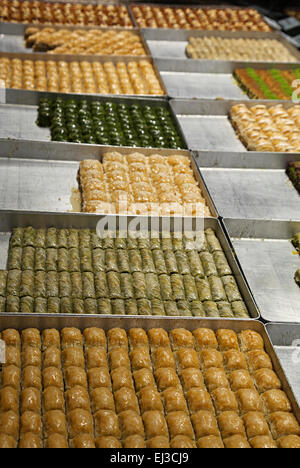 Various turkish baklava on trays in a shop Stock Photo