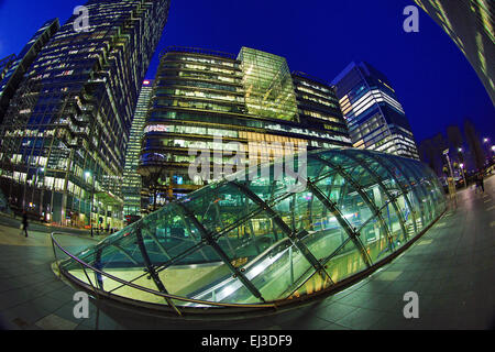 Office buildings and skyscrapers around Canary Wharf at sunset, Isle of Dogs, London, England Stock Photo