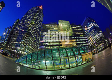 Office buildings and skyscrapers around Canary Wharf at sunset, Isle of Dogs, London, England Stock Photo