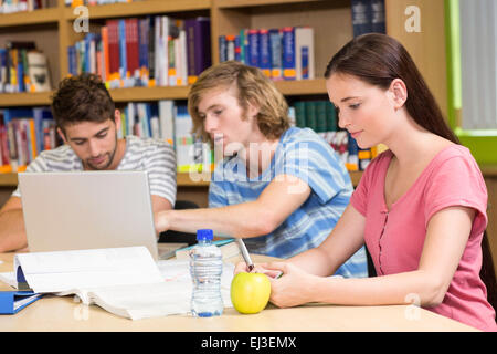 College students using laptop in library Stock Photo