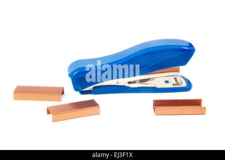 Blue stapler with staples on white background Stock Photo
