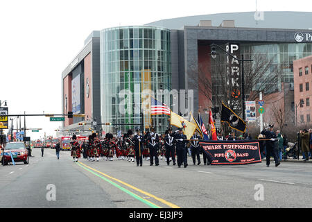 Newark Firefighters Pipe Band marching during the 2013 St. Patrick's Day parade. Newark, New Jersey. USA Stock Photo