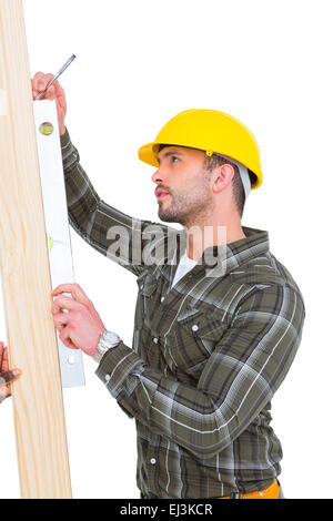 Carpenter using spirit level on wood plank Stock Photo