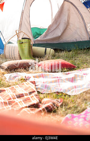 Bohemian style campsite at festival Stock Photo