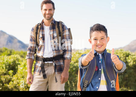 Father and son on a hike together Stock Photo