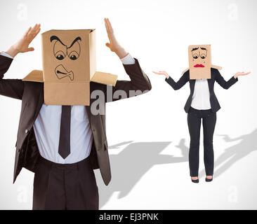 Composite image of businesswoman with box over head Stock Photo