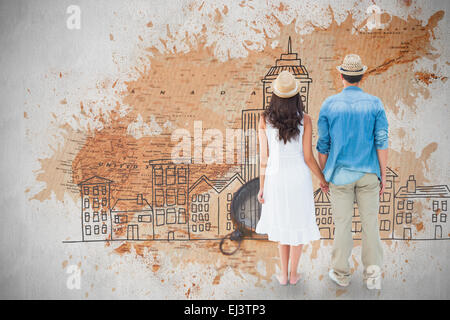 Composite image of happy hipster couple holding hands Stock Photo