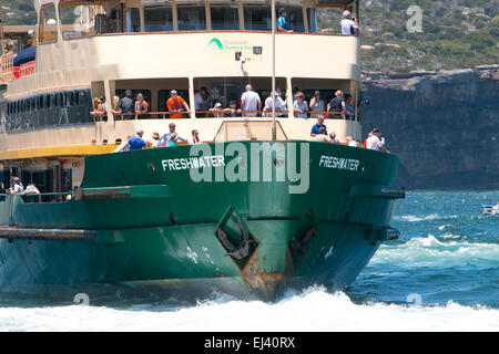 Sydney to Manly ferry , the MV freshwater, travels on Sydney harbour with passengers at the bow of the vessel,NSW,Australia Stock Photo