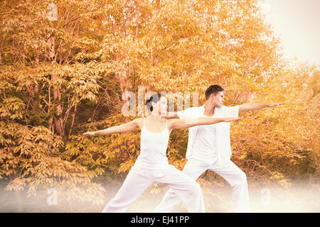 Composite image of peaceful couple in white doing yoga together in warrior position Stock Photo