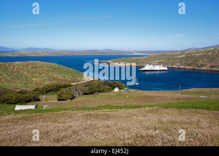 Farm estate with moored cruise ship West Point Island Falkland Islands Stock Photo