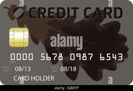Gray credit card with dark brown oak tree leaf Stock Vector