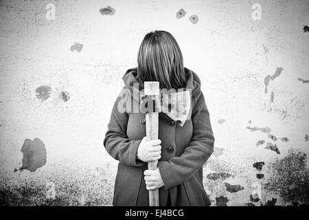 Axe killer masked, fear and halloween Stock Photo