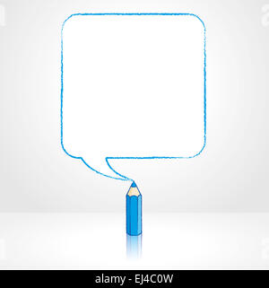 Blue Pencil with Reflection Drawing Smooth Square Shaped Speech Bubble on Pale Background Stock Photo