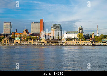 The famous Landungsbruecken in Hamburg, Germany, with the river Elbe Stock Photo