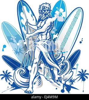 poseidon surfer on blue surfboard background with palm tree Stock Vector