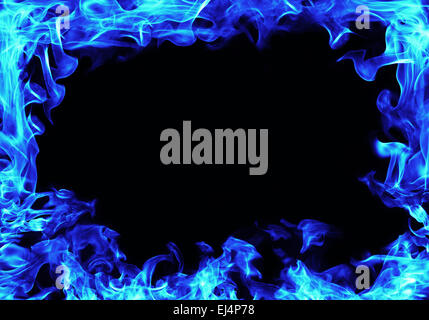 blue fire flames frame on black background Stock Photo