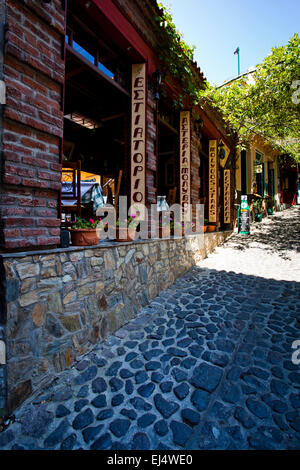 The cobbled stone streets of Molyvos in Lesbos, Greece. Stock Photo