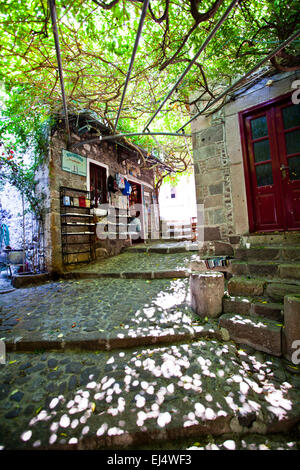 The cobbled stone streets of Molyvos in Lesbos, Greece. Stock Photo