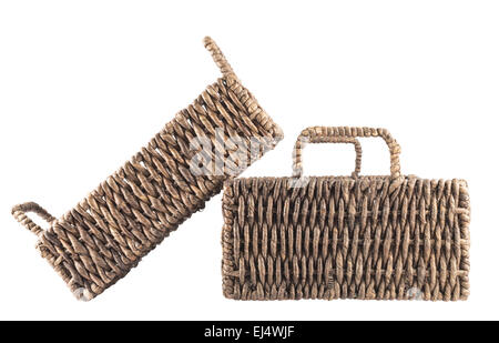 Two brown wicker baskets isolated Stock Photo