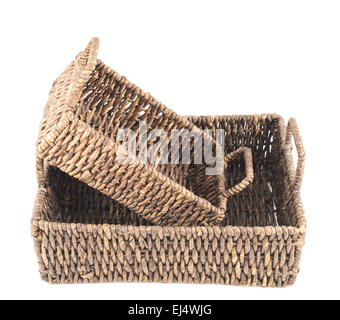 Two brown wicker baskets isolated Stock Photo