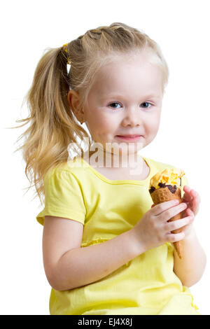 happy kid girl eating ice cream isolated Stock Photo