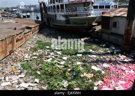 Water pollution in the Buriganga River has reached alarming levels. Millions of cubic meters of toxic waste from the thousands of industries and topped with a huge volume of untreated sewage from the Dhaka city, Bangladesh. Stock Photo