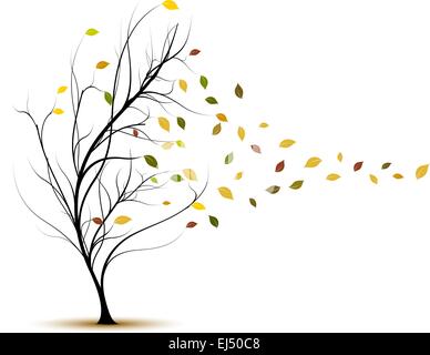 Autumn Leaves. Fall Tree with Wind Blows. Stock Vector