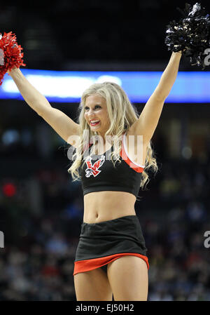 March 19, 2015: An Eastern Washington Eagles cheerleader entertains the fans during the 2nd round of the 2015 NCAA Men's Basketball Championships at the Moda Center, Portland OR Stock Photo