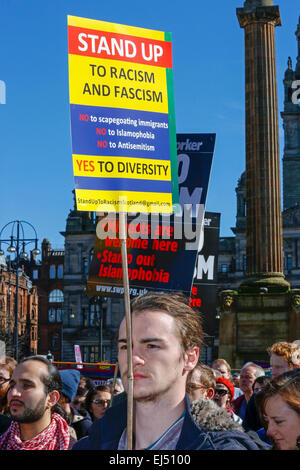 Glasgow, Scotland, UK. 21st March, 2015. In support of the International Day for the Elimination of Racial Discrimination, more than 1000 people attended a rally in George Square, Glasgow Scotland, UK. To promote the United Nations Proclamation on equality many prominent politicians, civic leaders and trades unions leaders joined demonstrators who had travelled from across Scotland and Northern England to march through Glasgow city centre in support. June Minnery, president of the STUC speaking at the rally Stock Photo