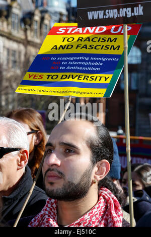 Glasgow, Scotland, UK. 21st March, 2015. In support of the International Day for the Elimination of Racial Discrimination, more than 1000 people attended a rally in George Square, Glasgow Scotland, UK. To promote the United Nations Proclamation on equality many prominent politicians, civic leaders and trades unions leaders joined demonstrators who had travelled from across Scotland and Northern England to march through Glasgow city centre in support. June Minnery, president of the STUC speaking at the rally Stock Photo