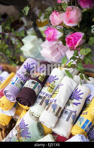 Selection of colorful patterned textiles at a French market, Provence, France, Europe Stock Photo