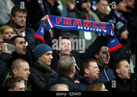 Twickenham, London UK. 21st Mar, 2015. 6 Nations Rugby international. England versus France. French supporters get animated Credit:  Action Plus Sports/Alamy Live News Stock Photo