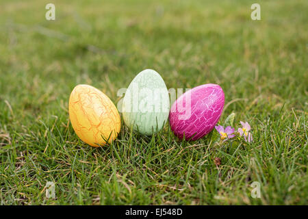 Tree colorful easter eggs in a row on a grass Stock Photo