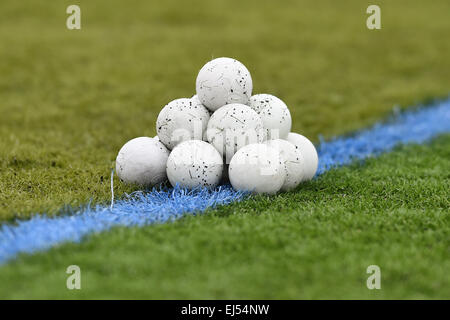 Hamilton, New York, USA. 21st Mar, 2015. A stack of lacrosse balls sit on the turf prior to an NCAA men's lacrosse game between the Navy Midshipmen and the Colgate Raiders at Andy Kerr Stadium in Hamilton, New York. Rich Barnes/CSM/Alamy Live News Stock Photo
