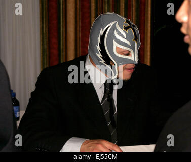 March 20, 2015 - File - Tragedy struck the AAA wrestling promotion Friday night in Tijuana, Mexico, as popular luchador El Hijo del Perro Aguayo died after suffering an injury in a match against former WWE Superstar Rey Mysterio.Son of Mexican wrestling legend Perro Aguayo went limp while on the ropes in position to take Mysterio's 619 finishing maneuver. It is unclear what caused the incident, but the 35-year-old star was treated by medical personnel before being transported to a hospital, where he was ultimately pronounced dead. Pictured - 2004 - New York, New York, U.S. - Rey Mysterio at WW Stock Photo