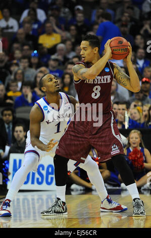 March 20, 2015: New Mexico State Aggies forward Remi Barry (3) protects the ball from Kansas Jayhawks guard Wayne Selden Jr. (1) in the first half during the NCAA Men's Basketball Tournament Midwest Regional game between the New Mexico State Aggies and the Kansas Jayhawks at the Centurylink Center in Omaha, Nebraska.Kansas won the game 75-56. Kendall Shaw/CSM Stock Photo