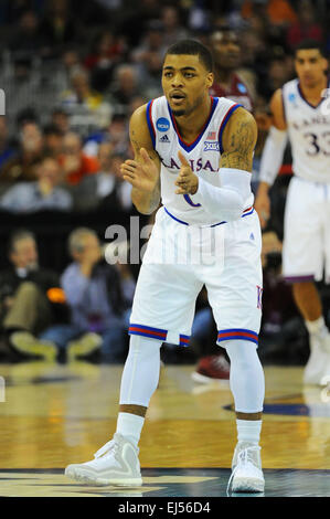 March 20, 2015: Kansas Jayhawks guard Frank Mason III (0) shows some emotion on defense during the NCAA Men's Basketball Tournament Midwest Regional game between the New Mexico State Aggies and the Kansas Jayhawks at the Centurylink Center in Omaha, Nebraska. Kansas won the game 75-56. Kendall Shaw/CSM Stock Photo