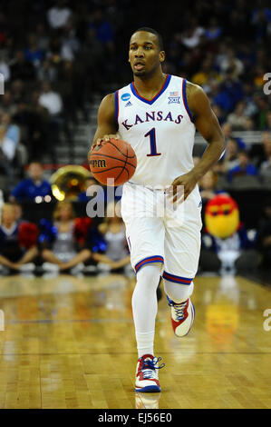 March 20, 2015: Kansas Jayhawks guard Wayne Selden Jr. (1) brings the ball up court during the NCAA Men's Basketball Tournament Midwest Regional game between the New Mexico State Aggies and the Kansas Jayhawks at the Centurylink Center in Omaha, Nebraska. Kansas won the game 75-56. Kendall Shaw/CSM Stock Photo