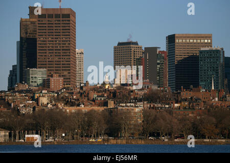 Boston Skyline in winter on half frozen Charles River, Massachusetts, USA Stock Photo