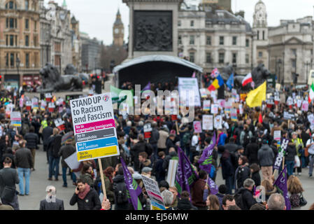 London, 21st March 2015 Anti-racism protesters gather in Trafalgar Square for a rally after a march through London Stock Photo