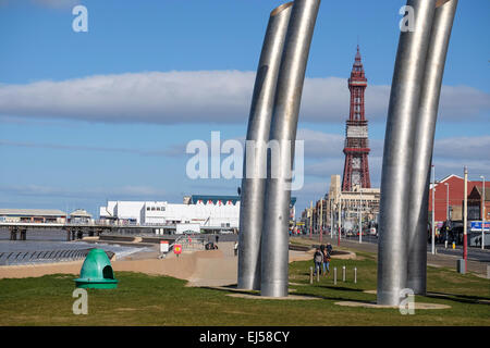 View of Blackpool Tower looking along the Promenade Stock Photo