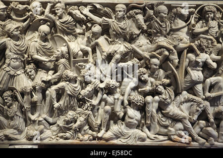 Great Ludovisi Sarcophagus. Roman sarcophagus from around 250-260 AD. National Roman Museum, Palazzo Altemps, Rome, Italy. Battle between Romans and Barbarians is depicted in the front panel of the sarcophagus from a tomb near the Porta Tiburtina. Stock Photo