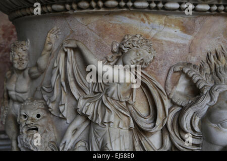 Roman sarcophagus with Dionysiac procession. Detail of Maenad. 150 AD. Vatican Museums. Stock Photo