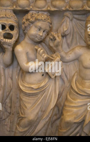 Roman art. Sarcophagus. Detail reliefs. Student with writing wax tablet and stylus. Vatican Museums. Vatican City. Stock Photo