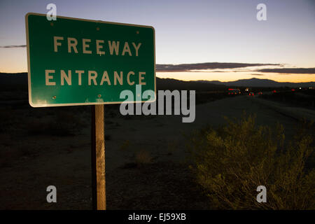 Freeway Entrance road sign at sunset, onto Interstate 10, California, USA Stock Photo