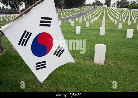 South Korean flag hanging at 2014 Memorial Day Event, Los Angeles National Cemetery, California, USA Stock Photo