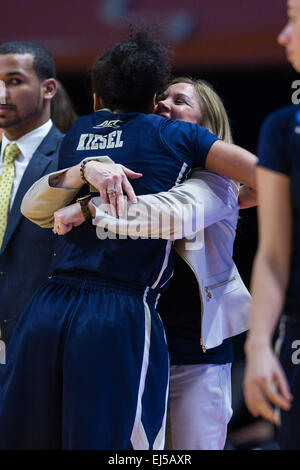 March 21, 2015: head coach Suzie McConnell-Serio of the Pittsburgh Panthers hugs Brianna Kiesel #3 of the Pittsburgh Panthers during the 2015 NCAA Division I Women's Basketball Championship 1st round game between the University of Tennessee at Chattanooga Mocs and the University of Pittsburgh Panthers at Thompson Boling Arena in Knoxville TN Stock Photo